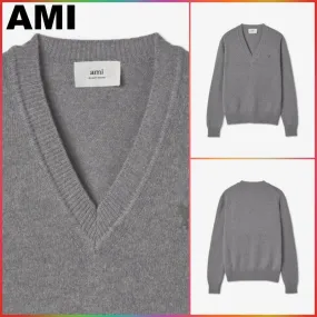 AMI PARIS  |Wool Street Style Long Sleeves Plain Logo Designers Sweaters