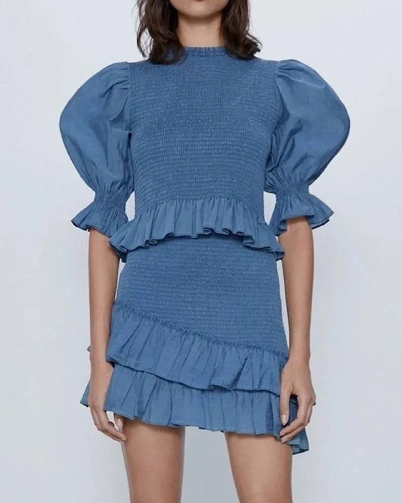 Blue Puff Sleeve Elastic Top And Skirt Two Piece Set