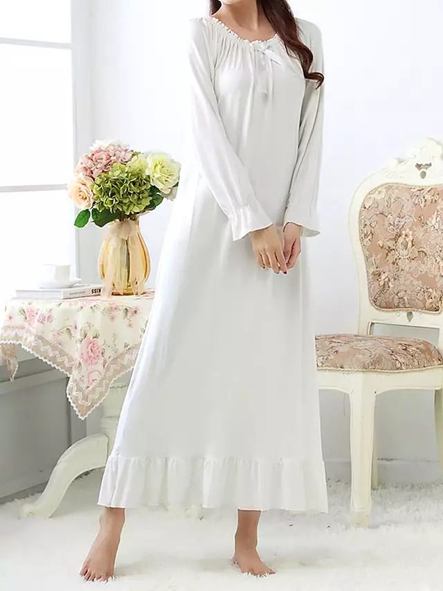 Coral Red Cozy Cotton Crew Neck Nightgown for Women