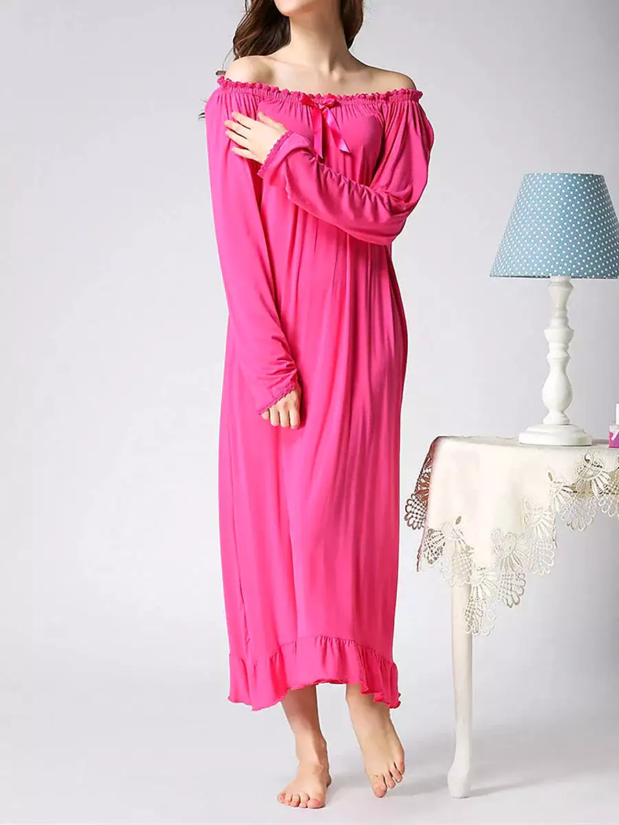 Coral Red Cozy Cotton Crew Neck Nightgown for Women