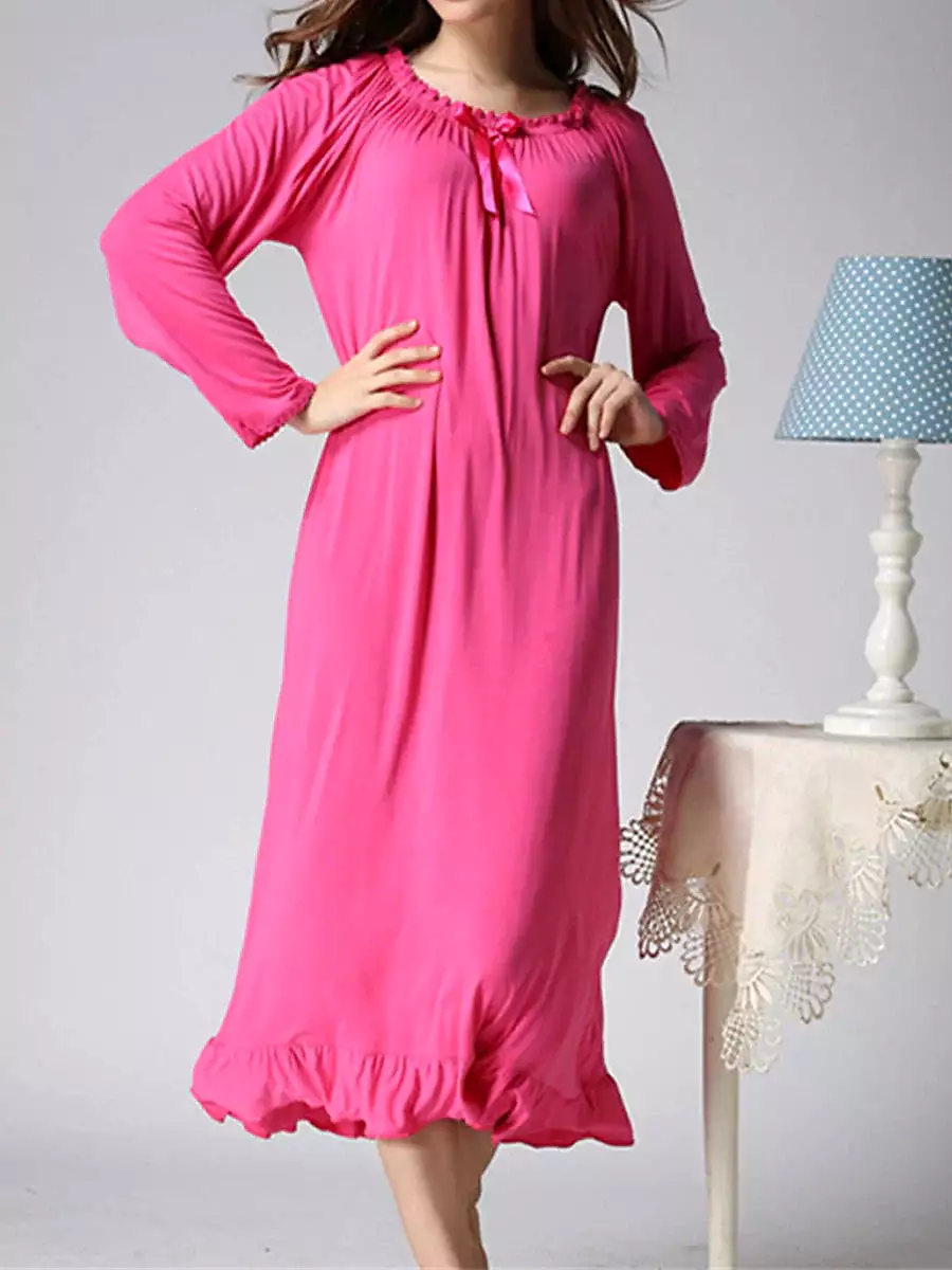 Coral Red Cozy Cotton Crew Neck Nightgown for Women