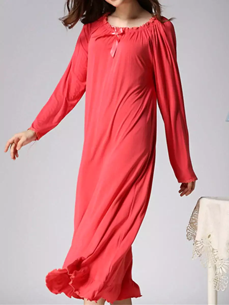 Coral Red Cozy Cotton Crew Neck Nightgown for Women