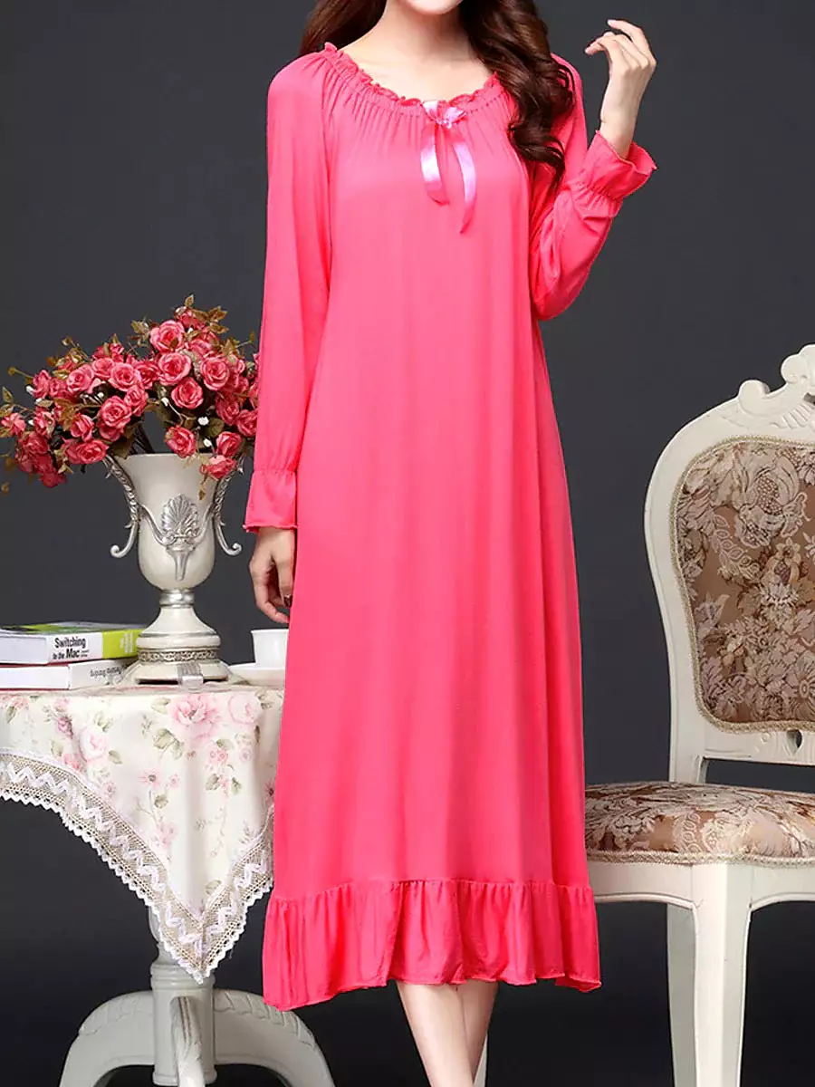 Coral Red Cozy Cotton Crew Neck Nightgown for Women