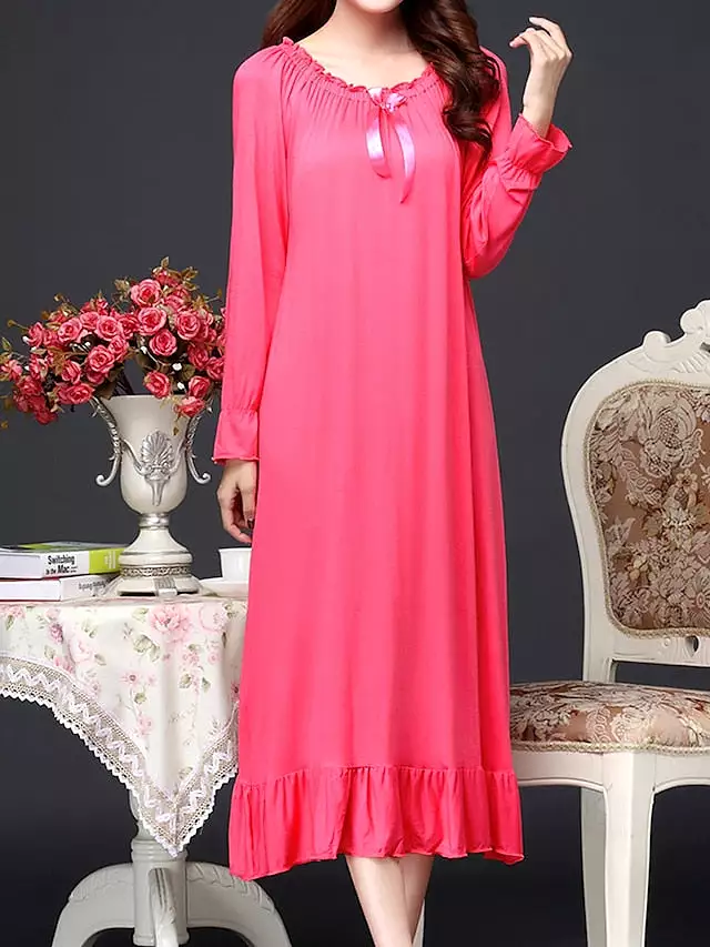 Coral Red Cozy Cotton Crew Neck Nightgown for Women