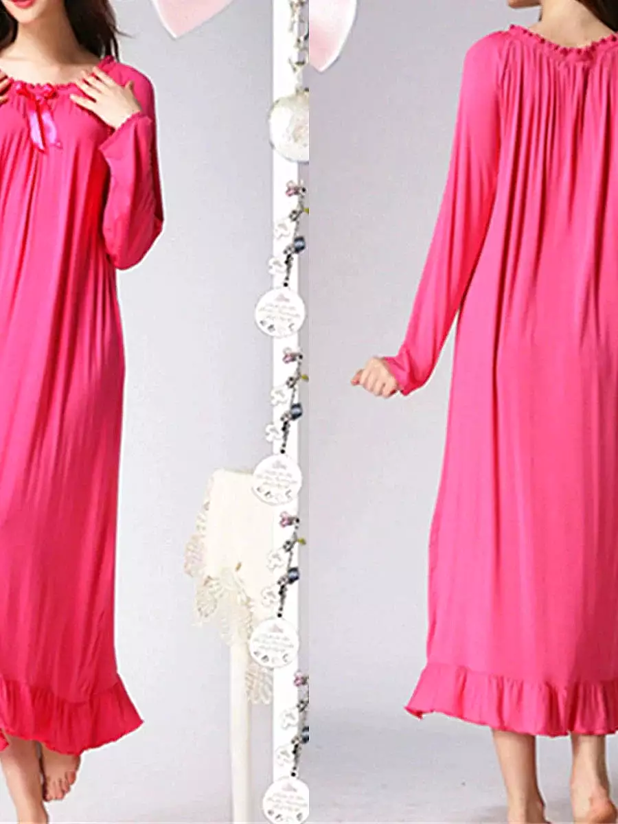 Coral Red Cozy Cotton Crew Neck Nightgown for Women