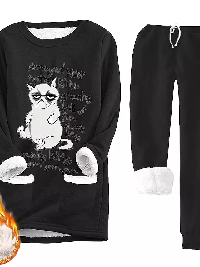 Cozy Fleece-Lined Women's Tracksuit Set with Cat Print