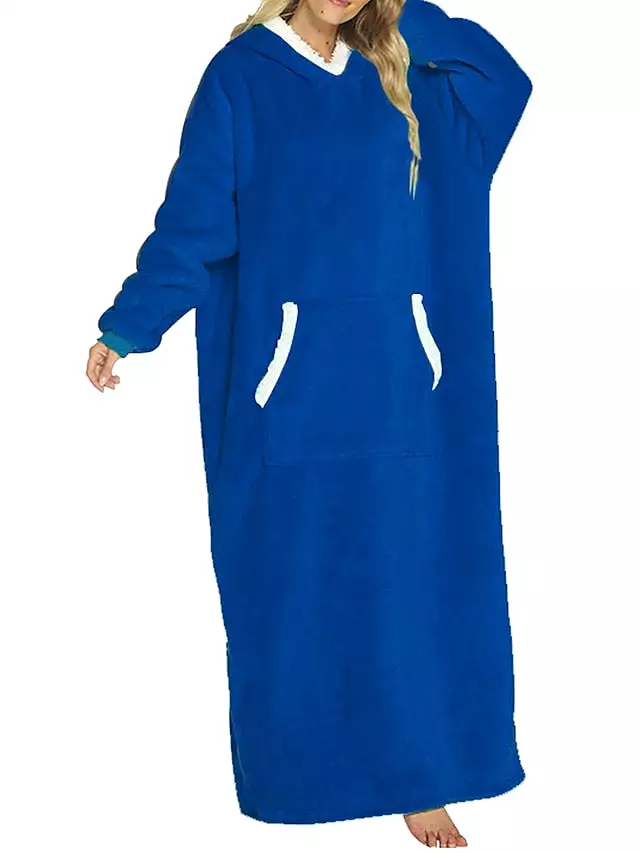 Cozy Women's Lake Blue and Black Plush Hooded Blanket Pajama Set