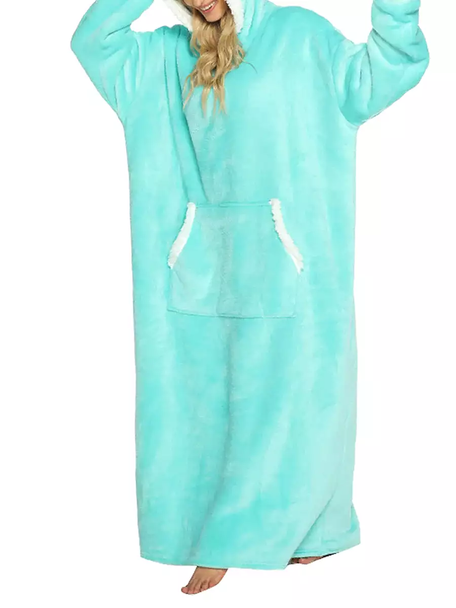 Cozy Women's Lake Blue and Black Plush Hooded Blanket Pajama Set