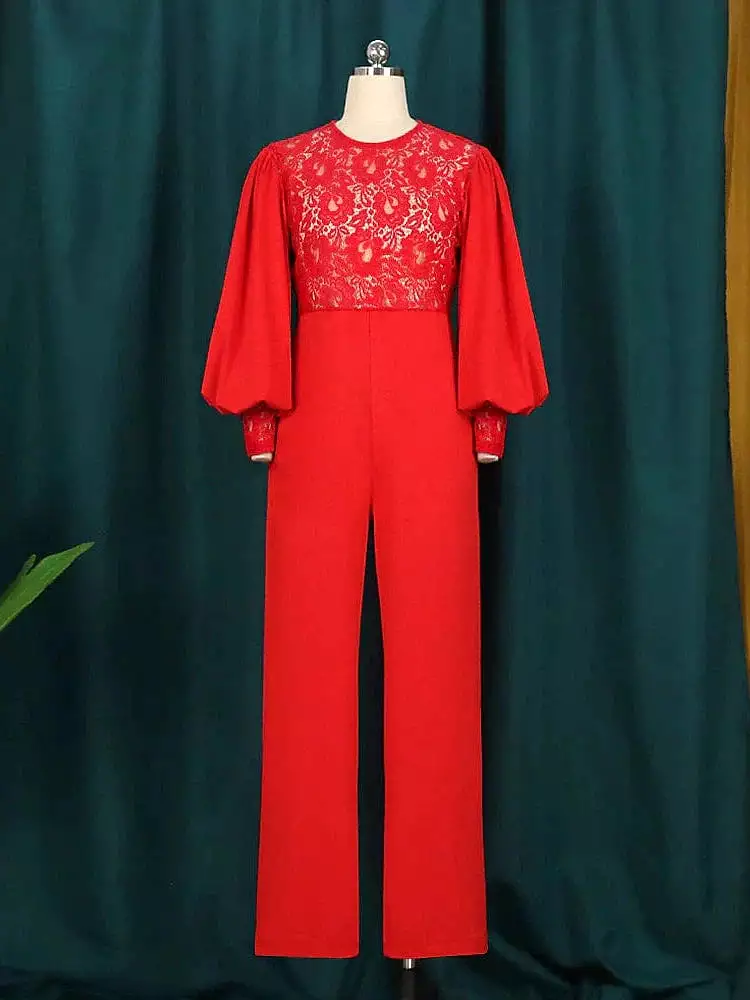 Elegant Red Lace Jumpsuit with Bishop Sleeves for Women