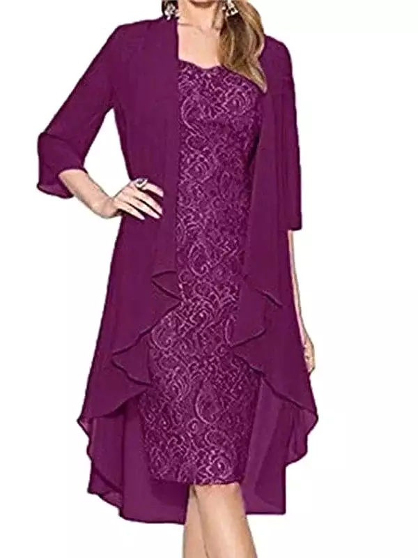 Elegant Two-Piece Lace Chiffon Midi Dress Set for Women