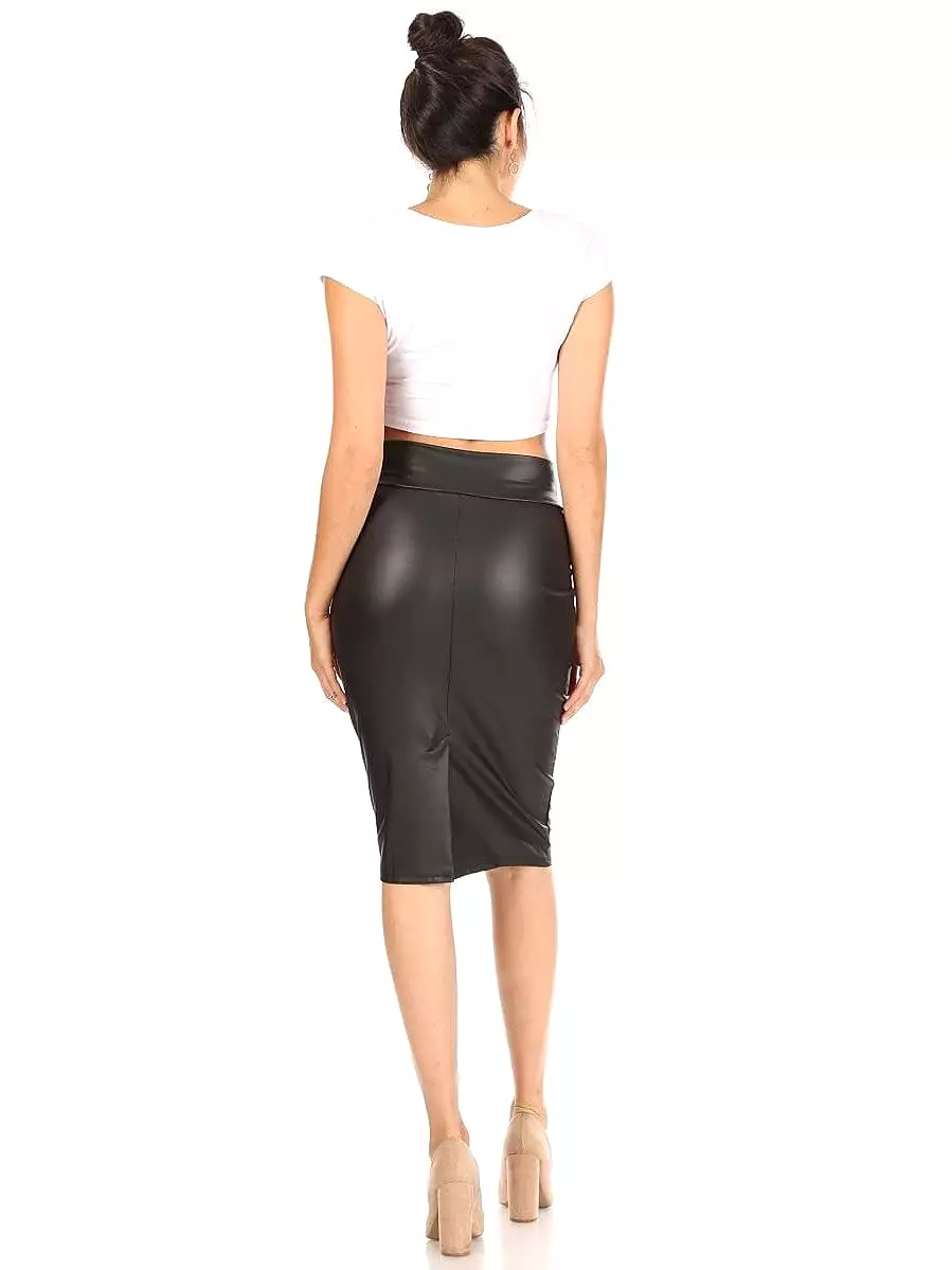 Elegant Women's Faux Leather Pencil Skirts with Lace Detail