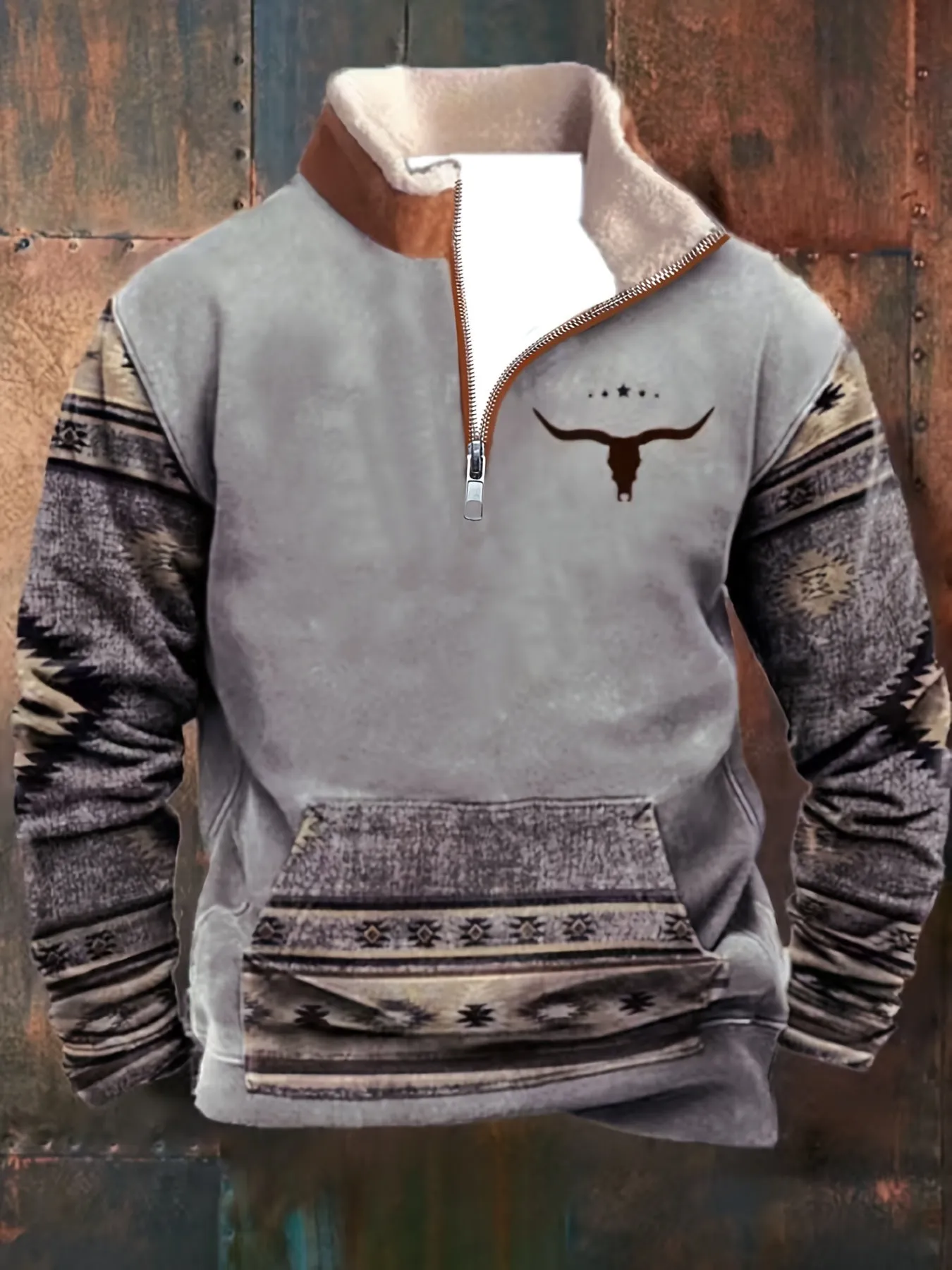 Ethnic Style Pattern Men's Retro Casual Plus Fleece Warm Sweatshirt With Zipper And Kangaroo Pocket, Winter Outdoor