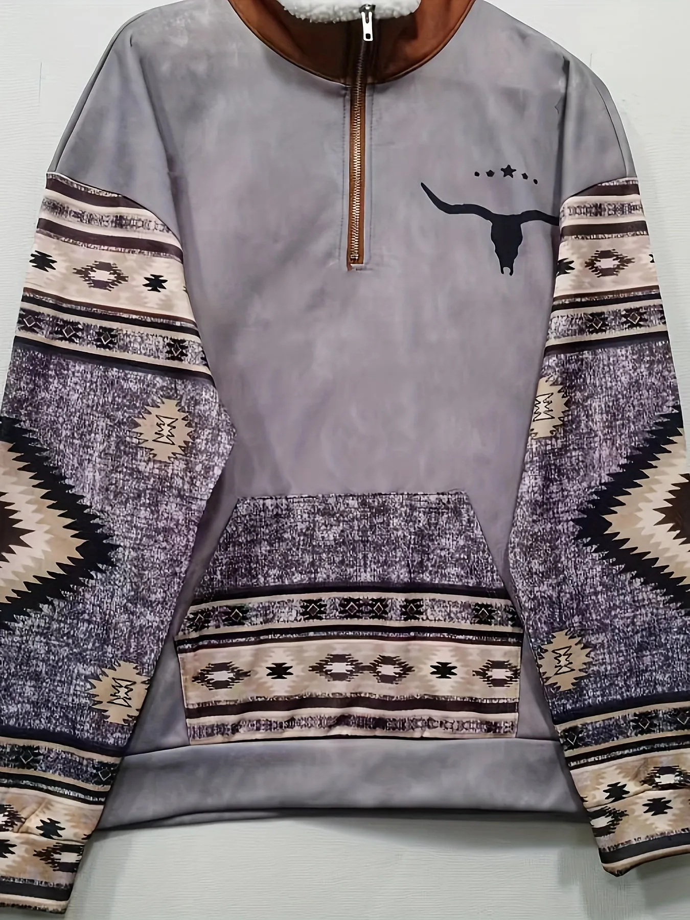 Ethnic Style Pattern Men's Retro Casual Plus Fleece Warm Sweatshirt With Zipper And Kangaroo Pocket, Winter Outdoor