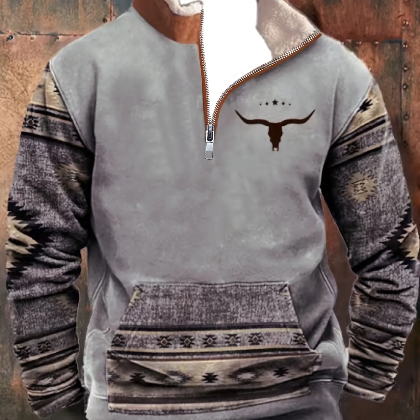 Ethnic Style Pattern Men's Retro Casual Plus Fleece Warm Sweatshirt With Zipper And Kangaroo Pocket, Winter Outdoor