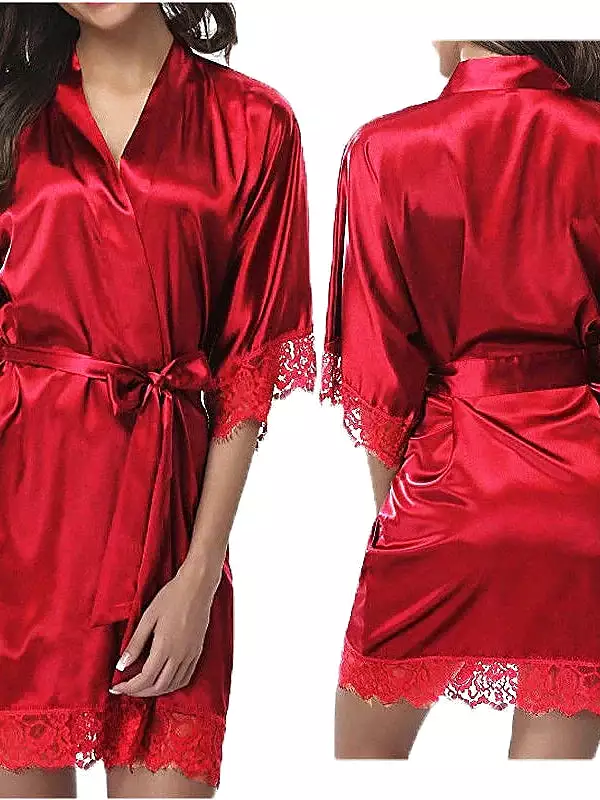 Exquisite Satin Women's Robe Gown Set with Lace Belt