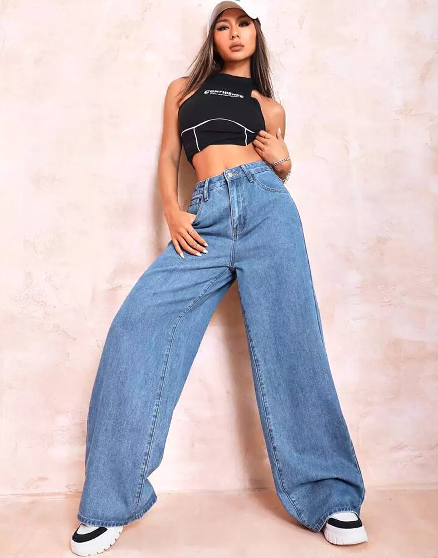 High Rise Wide Leg Jeans Mid Blue