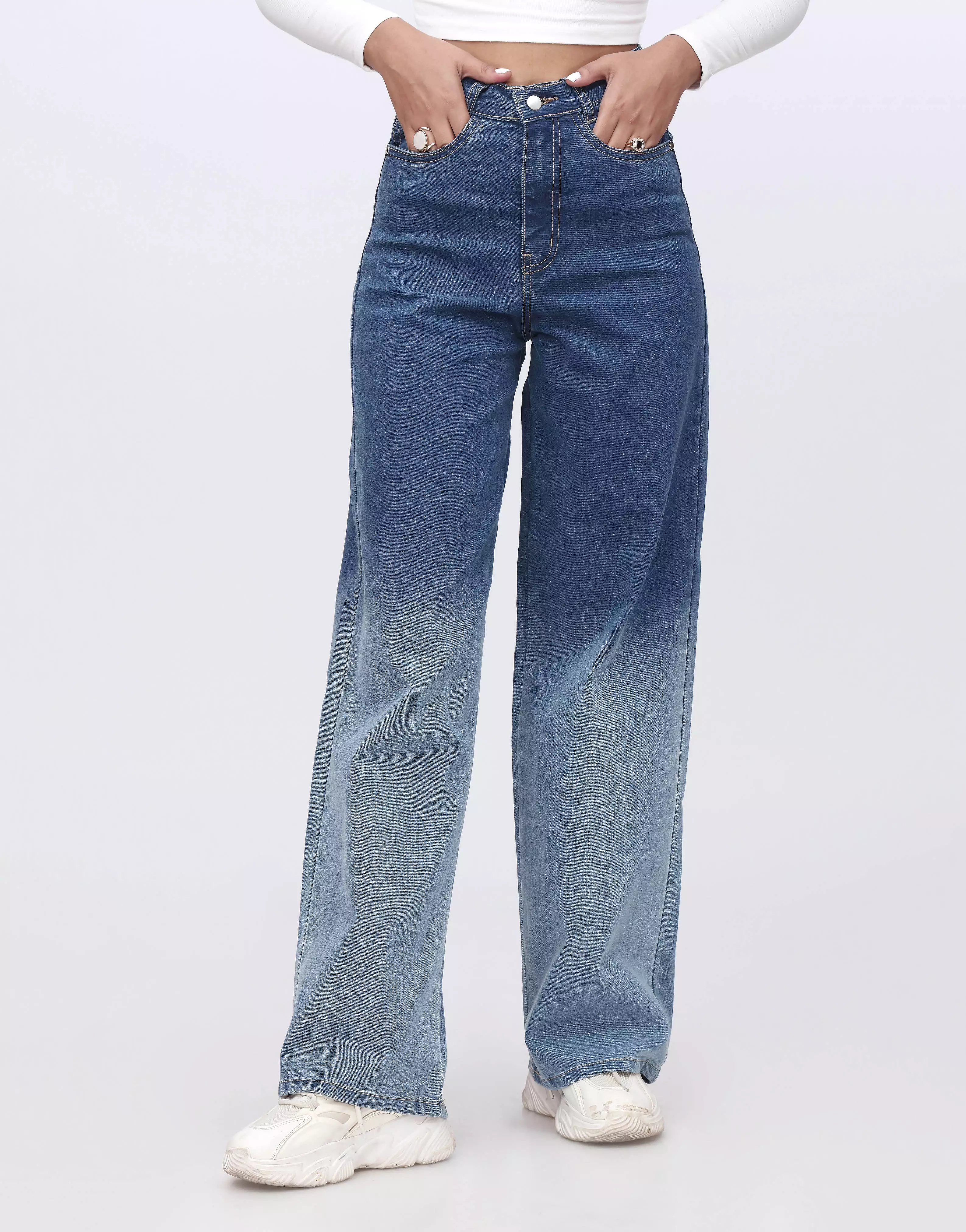 High Rise Wide Leg Jeans-Two Tone