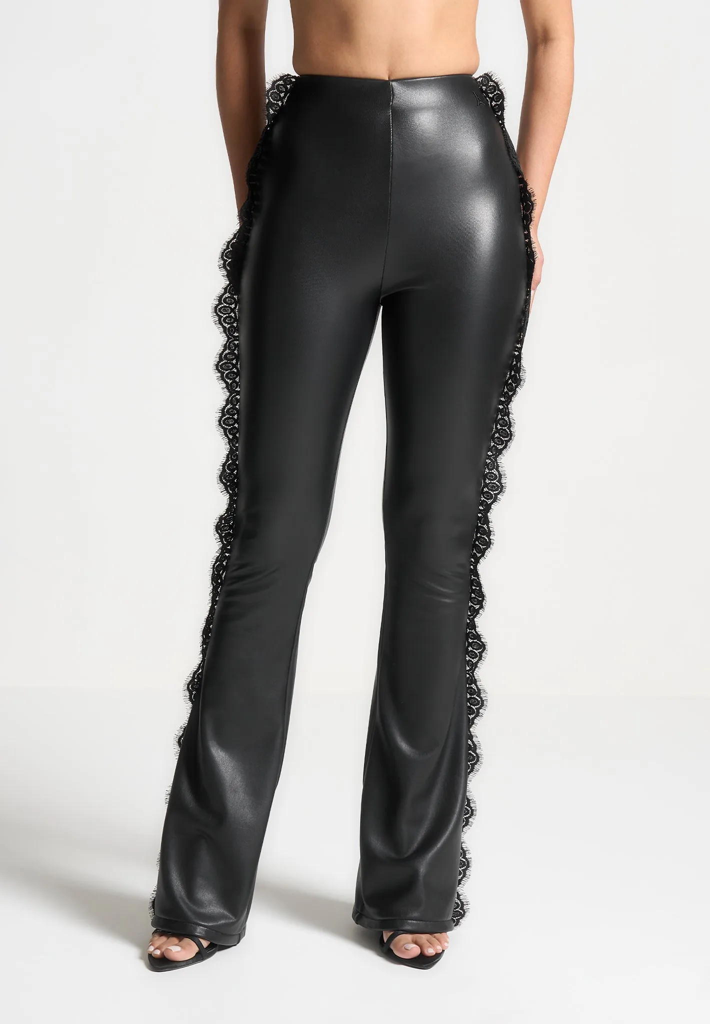 Lace Trim Leather Fit and Flare Leggings - Black