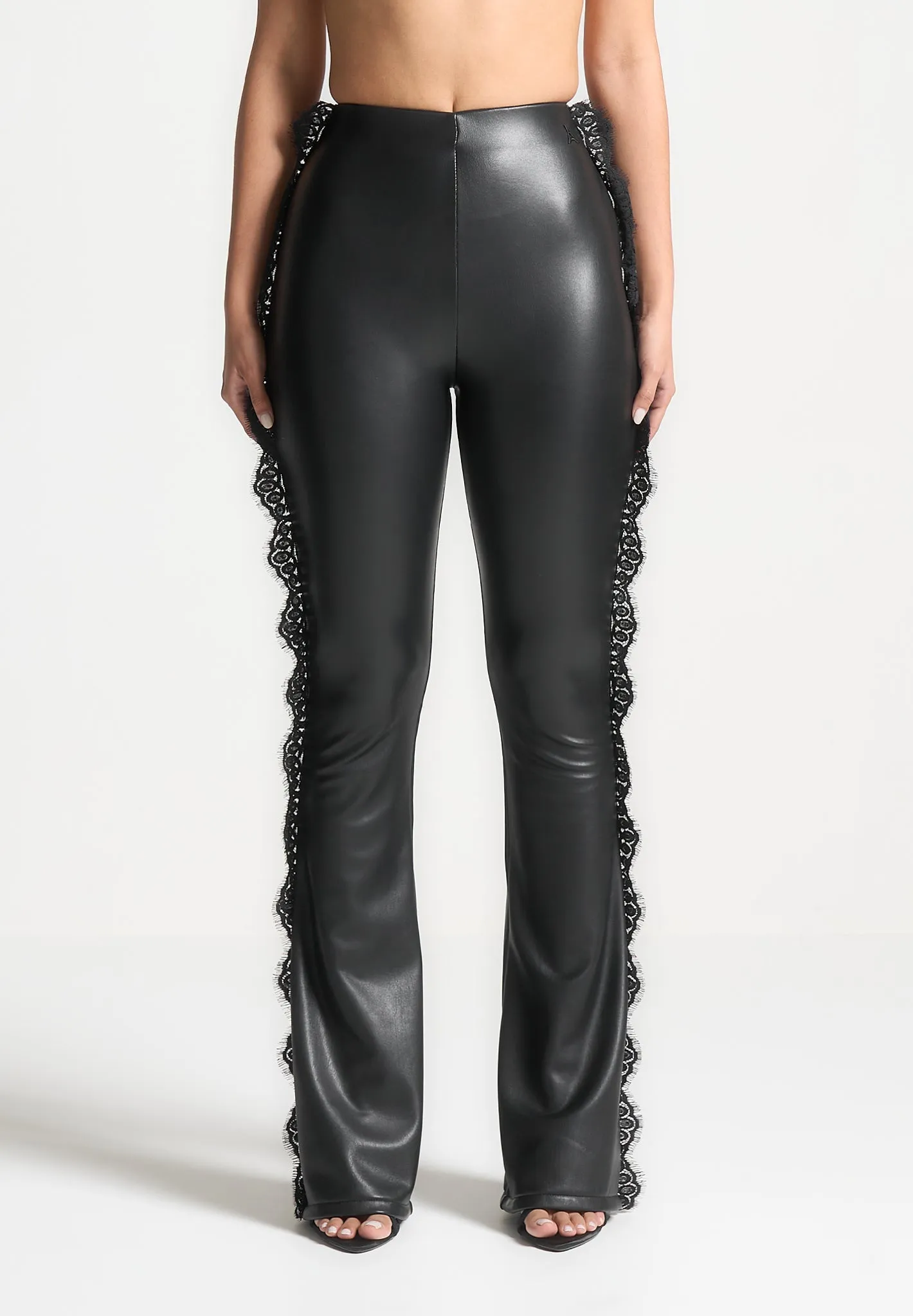 Lace Trim Leather Fit and Flare Leggings - Black