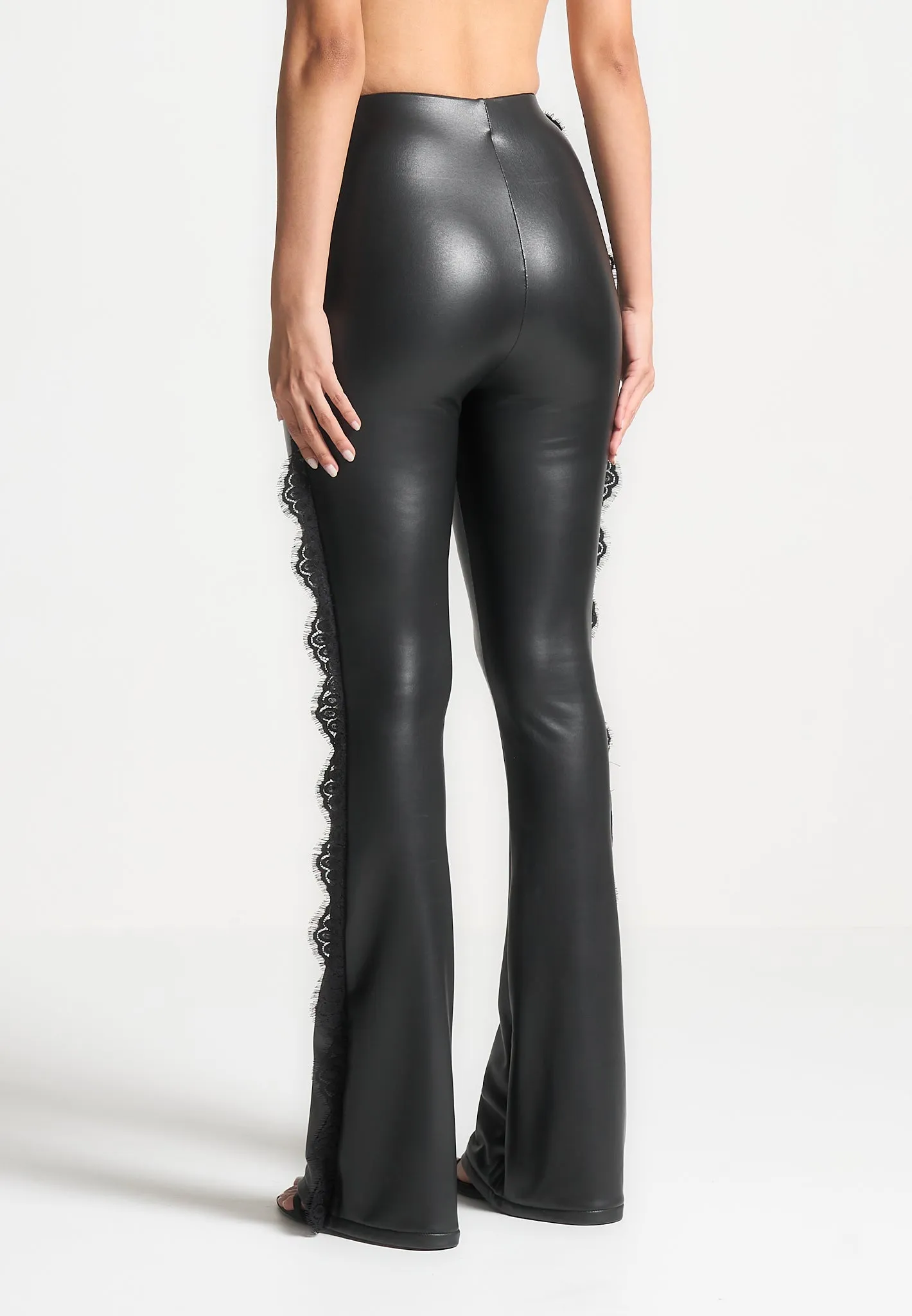 Lace Trim Leather Fit and Flare Leggings - Black