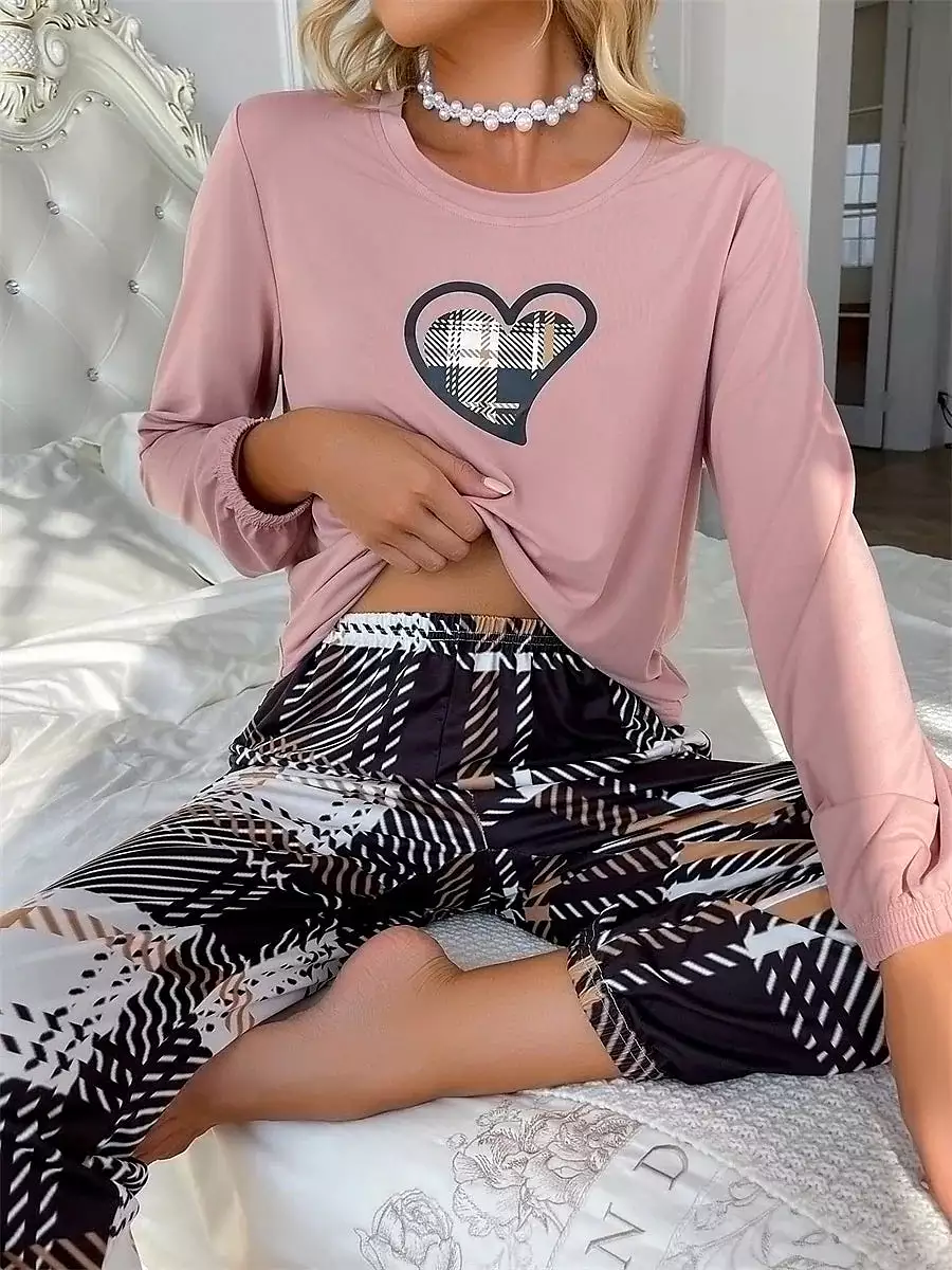 Lotus Pink Heart Grid / Plaid Women's Cozy Lounge Set