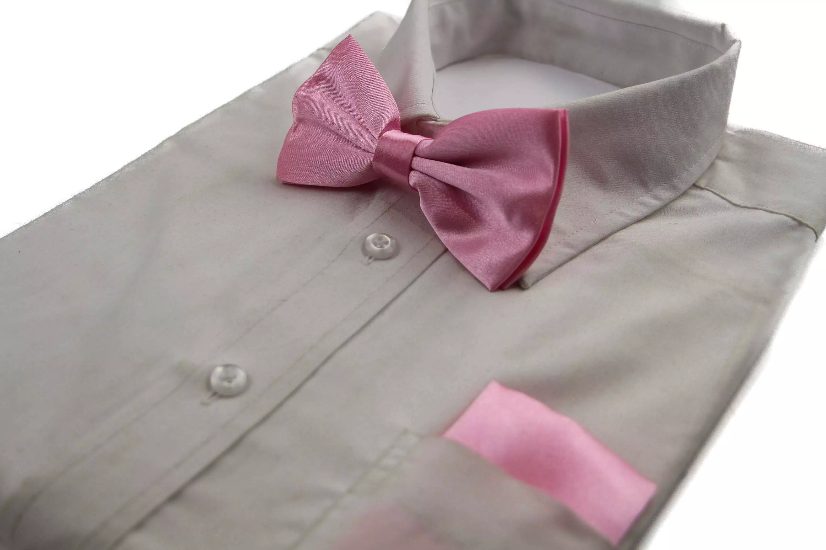 Mens Baby Pink Plain Bow Tie & Matching Pocket Square Set