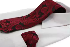 Mens Black & Red Paisley Patterned Neck Tie & Matching Pocket Square Set