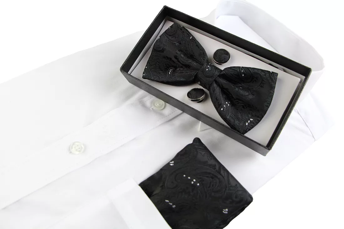 Mens Black Paisley Tinsel Matching Bow Tie, Pocket Square & Cuff Links Set