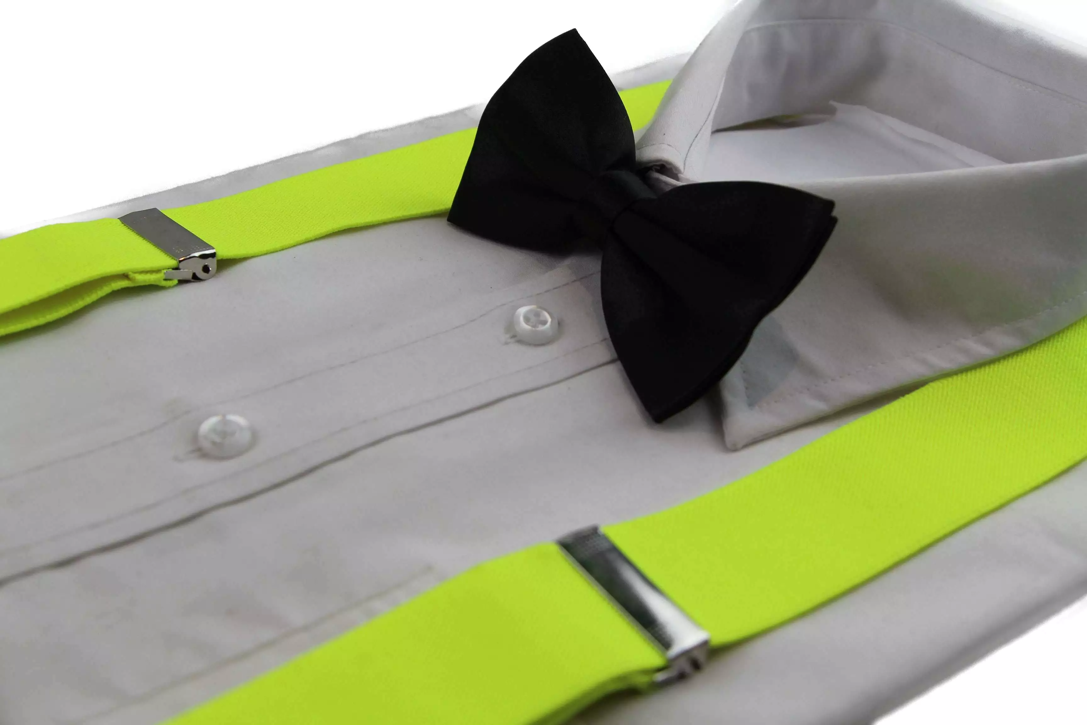 Mens Fluro Yellow 100cm Wide Suspenders & Black Bow Tie Set