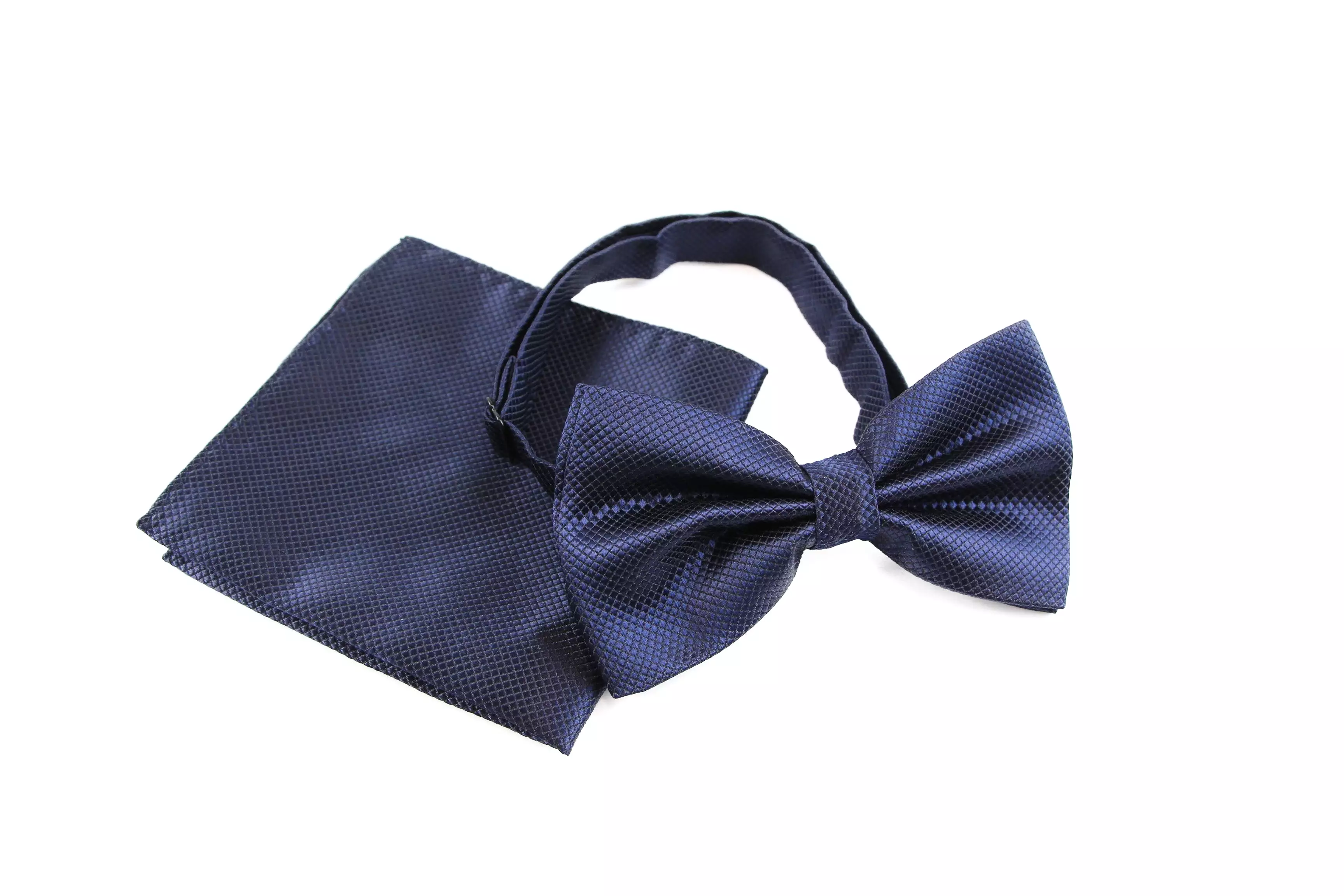 Mens Navy Plain Coloured Checkered Bow Tie & Matching Pocket Square Set