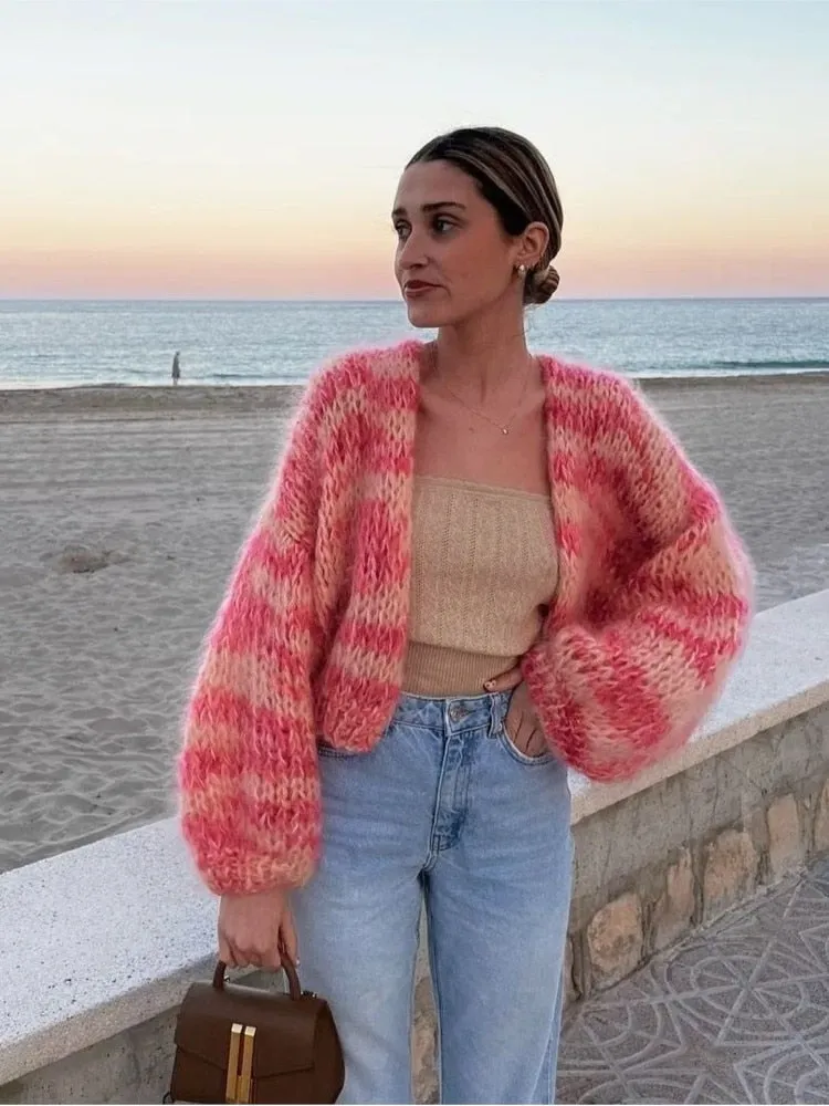 New Pink Striped Autumn Front Open Sweaters Long Lantern Sleeve Loose Crochet Cardigans Women Fashion Vintage Casual Streetwear