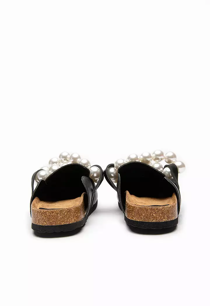 Pearl Embellished PU Leather Mules