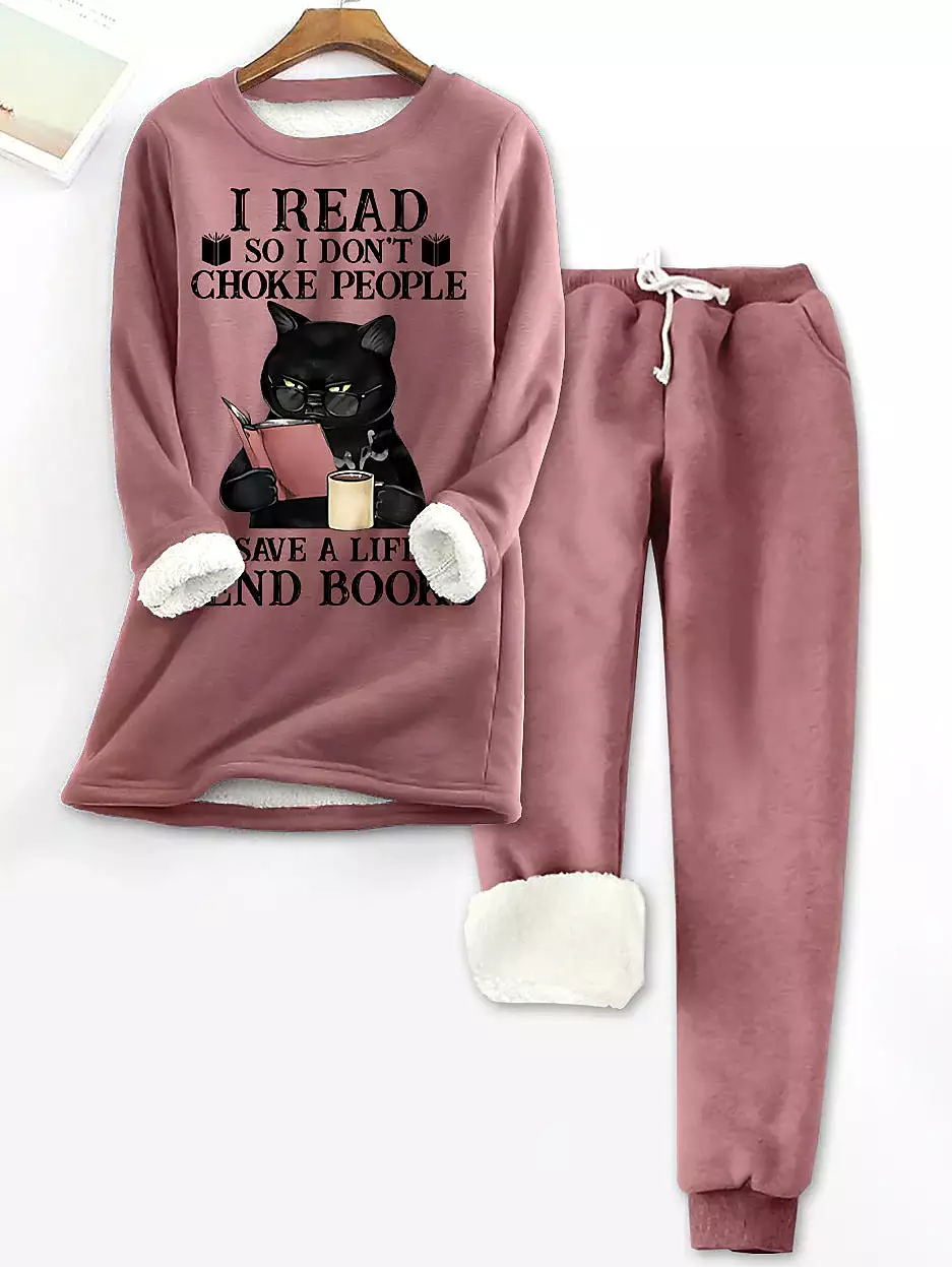 Pink Women's Cozy Cat Print Fleece Pajama Lounge Set