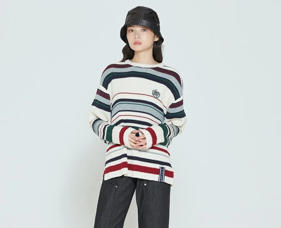 ROMANTIC CROWN  |Stripes Unisex Street Style U-Neck Long Sleeves Logo