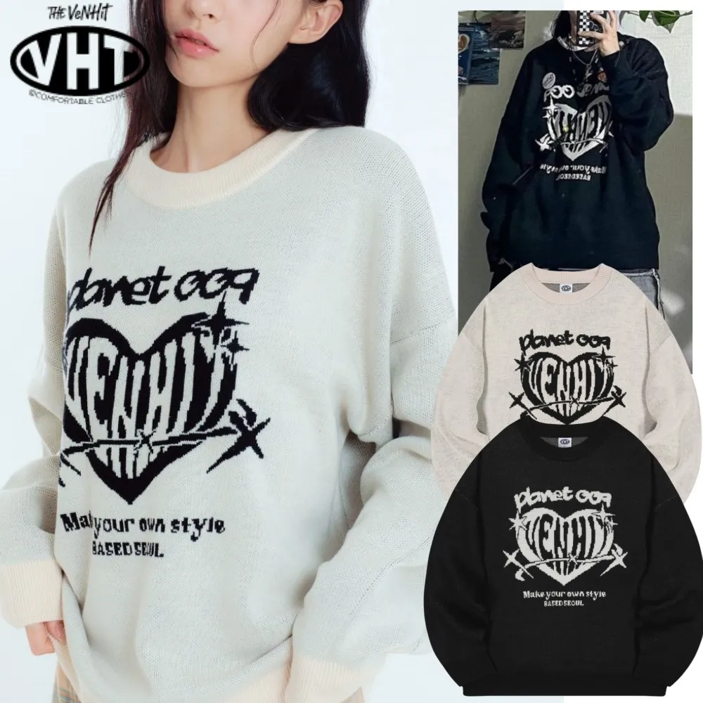 VENHIT  |Heart Unisex Street Style Long Sleeves Oversized Logo