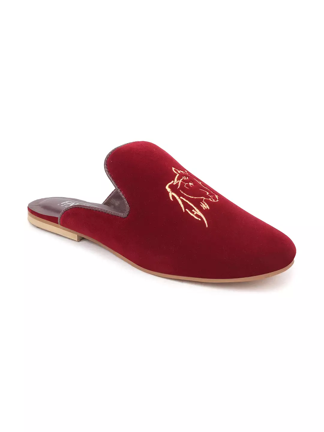 Women Red Embroidery Velvet Back Open Flat Mules