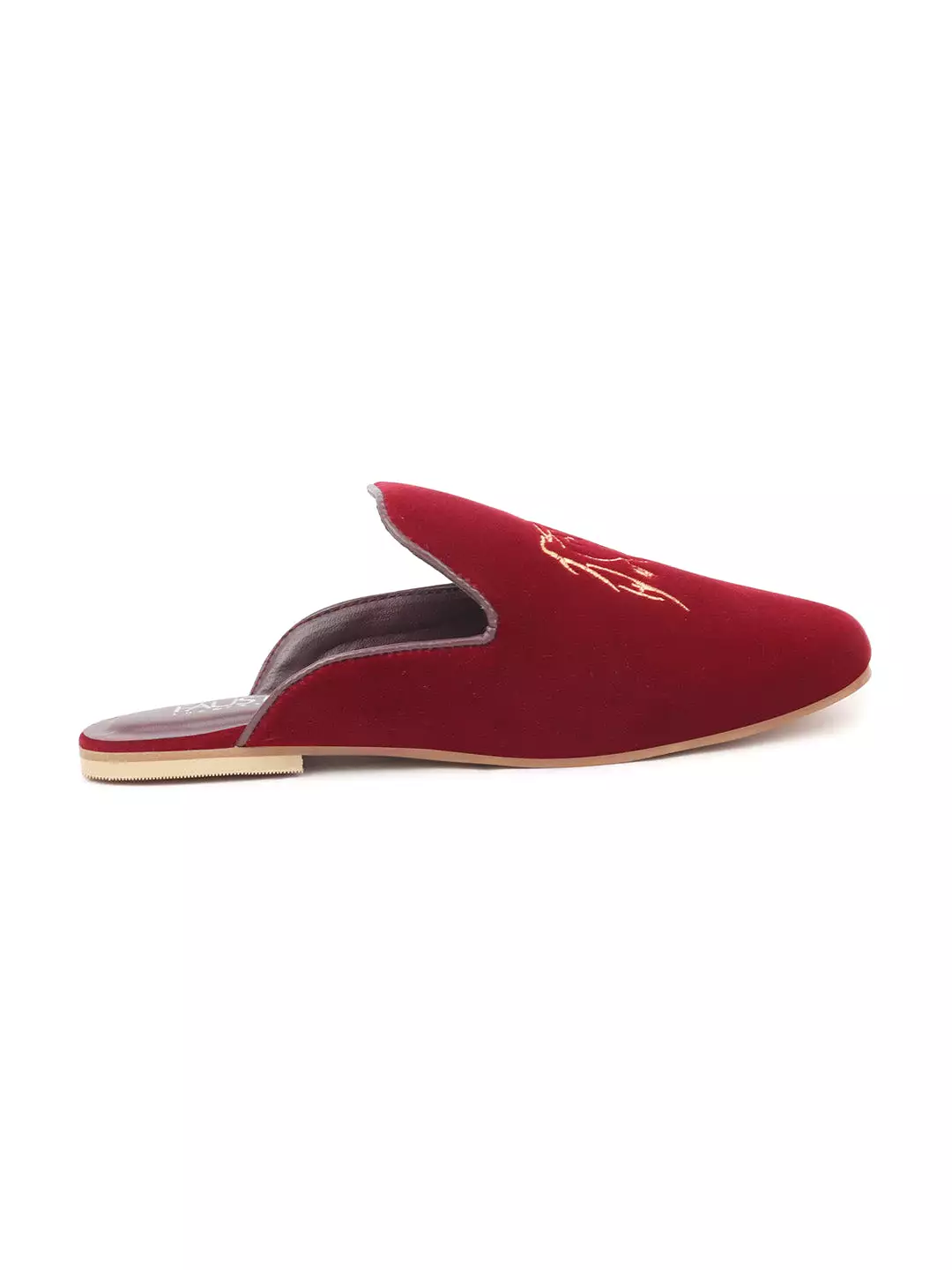 Women Red Embroidery Velvet Back Open Flat Mules