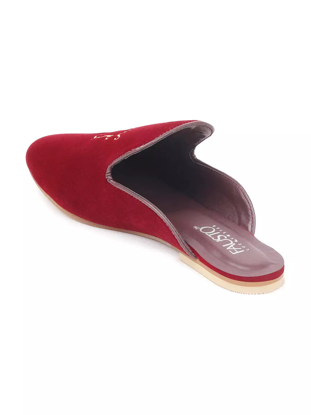 Women Red Embroidery Velvet Back Open Flat Mules