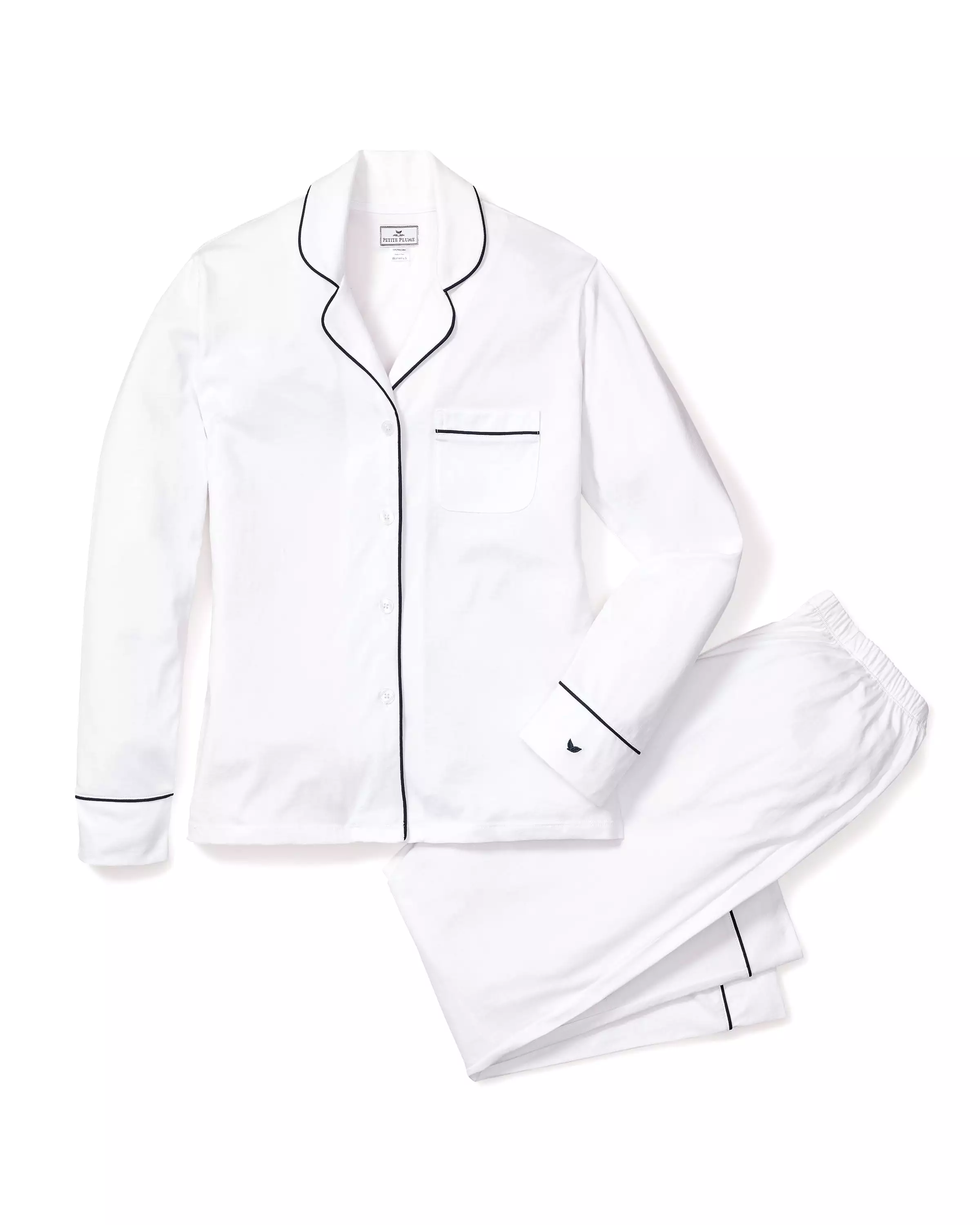 Women's Pima Pajama Set in White with Navy Piping