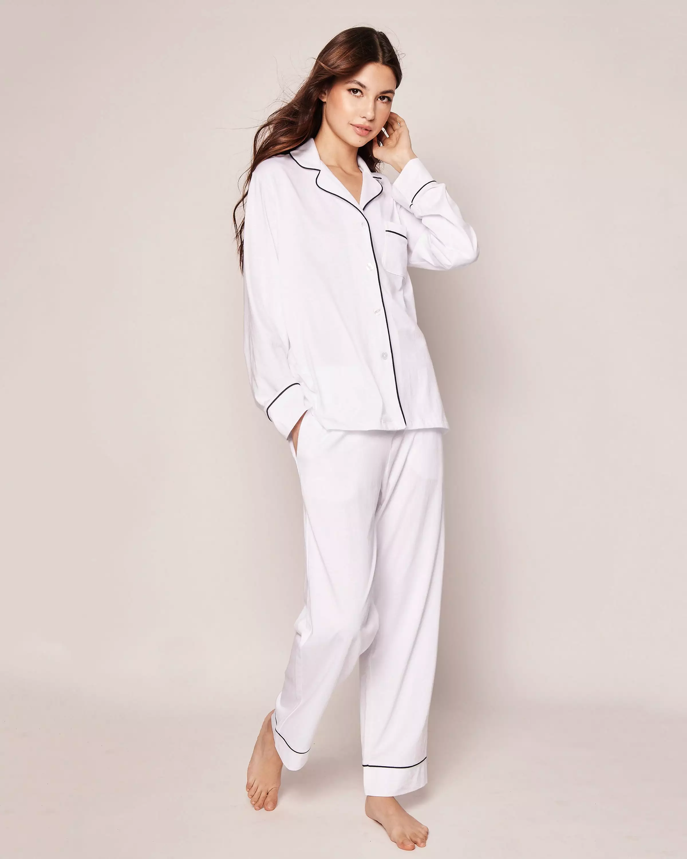 Women's Pima Pajama Set in White with Navy Piping