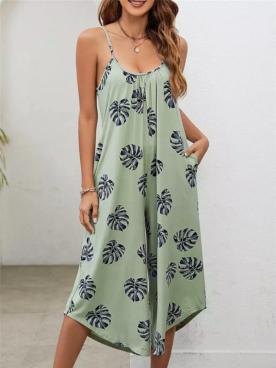 Women's Sleeveless Floral Print Romper in Dusty Blue and Green