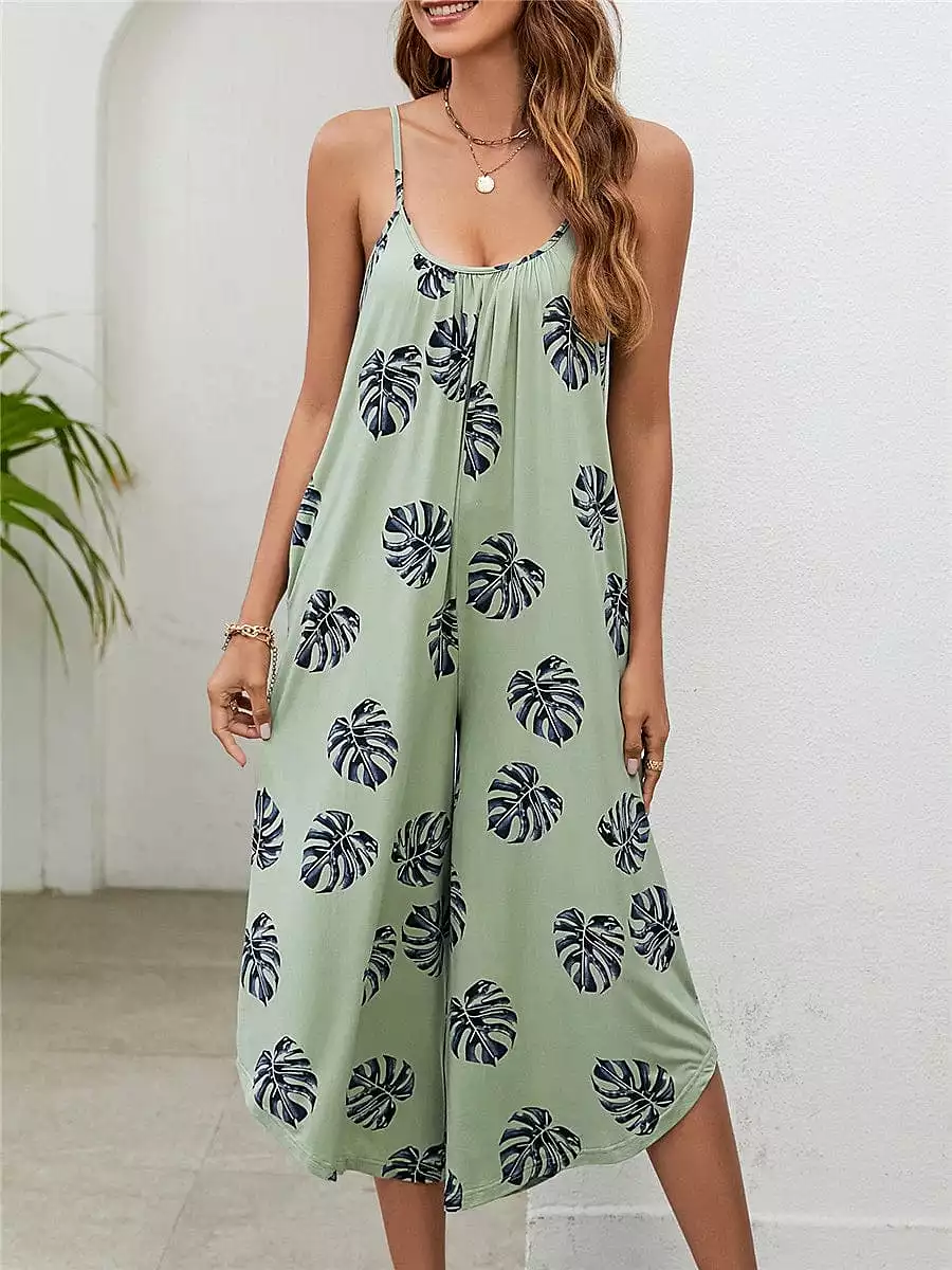 Women's Sleeveless Floral Print Romper in Dusty Blue and Green