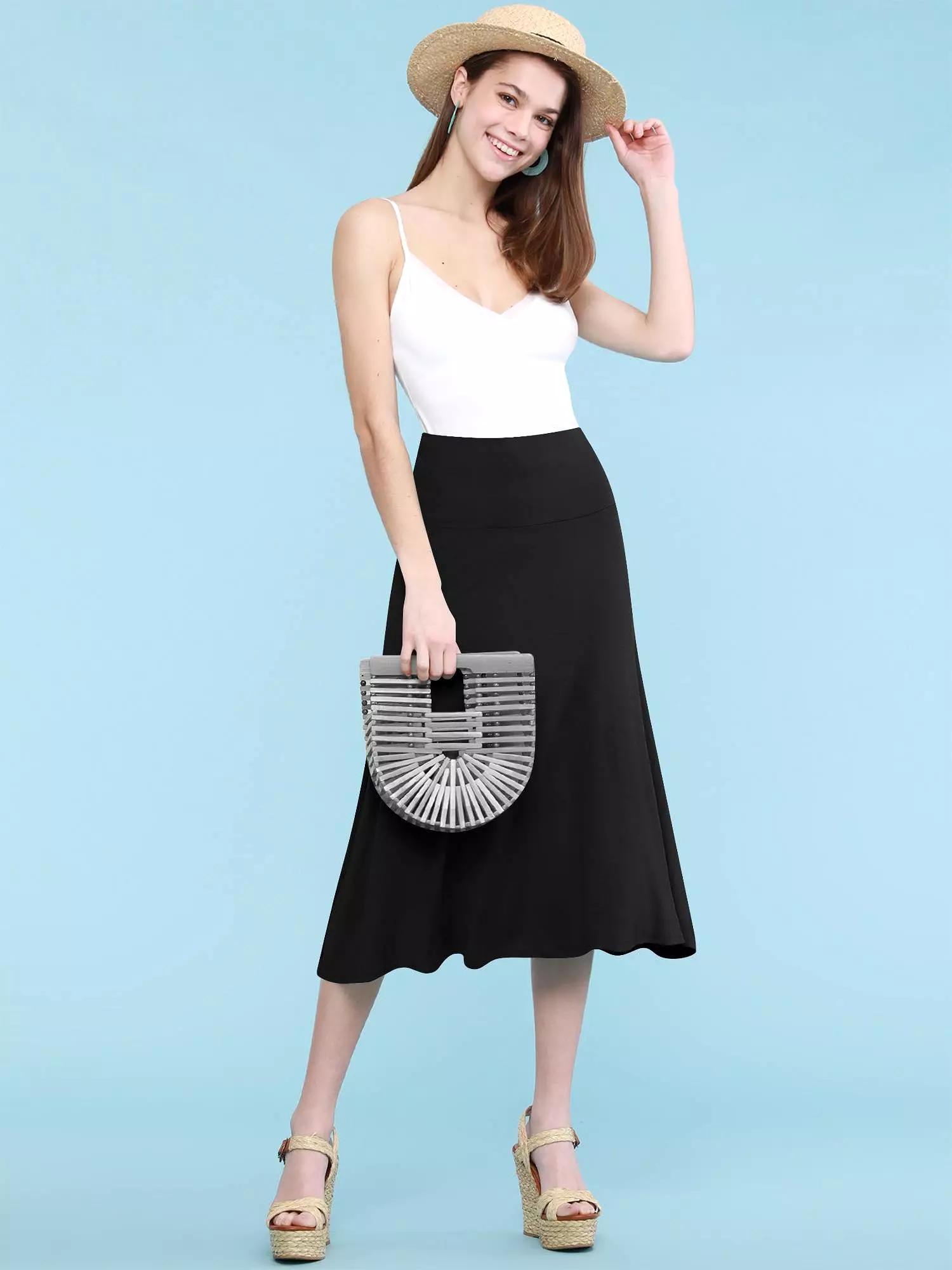 Women's Solid Lightweight Flare Midi Pull On Skirt