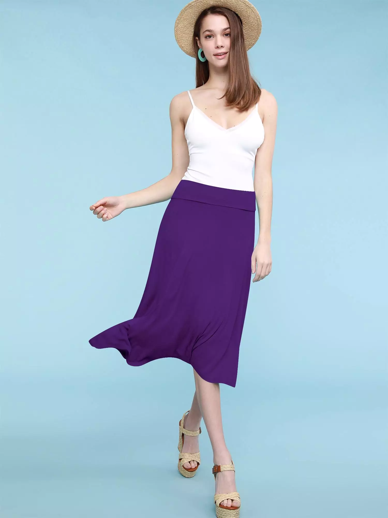 Women's Solid Lightweight Flare Midi Pull On Skirt