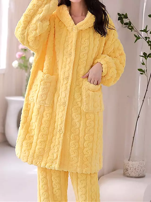 Yellow & Pink Warm Coral Fleece Women's Hooded Pajama Set